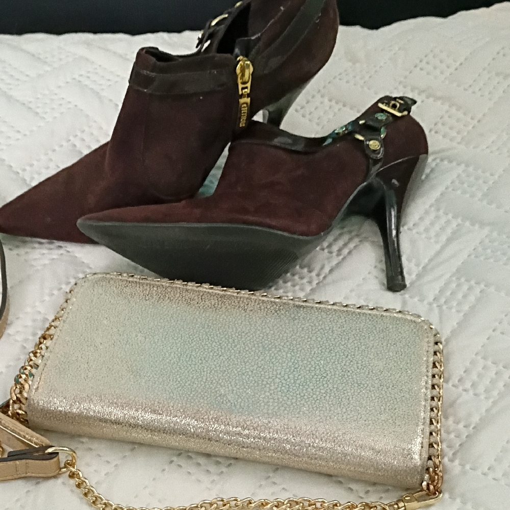 Elegant Brown High Heels & Gold Purse